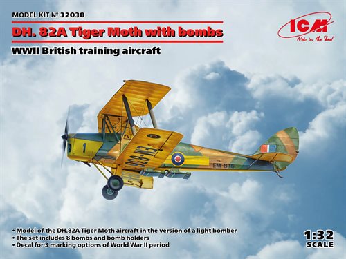 ICM 32038  Tiger Moth DH.82A med bomber WWII, engelsk træningsfly 1/32